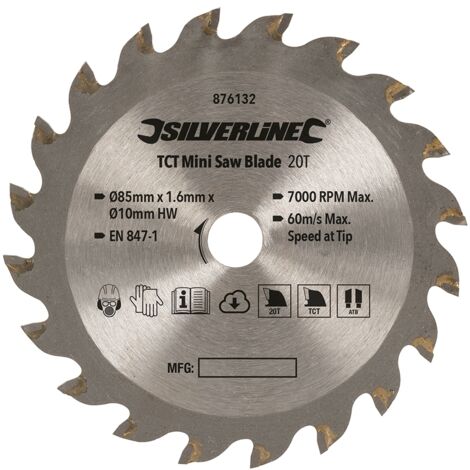 Silverline – Lame de scie circulaire TCT 85 mm – Alésage 10 mm – 20 dents pour coupes précises dans bois dur et composite (1/4)