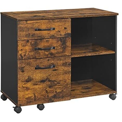 Classeur latéral portable à 3 tiroirs avec compartiments ouverts, pour documents A4, format lettre, support d'imprimante, industriel, marron rustique et noir OFC041B01 (1/5)