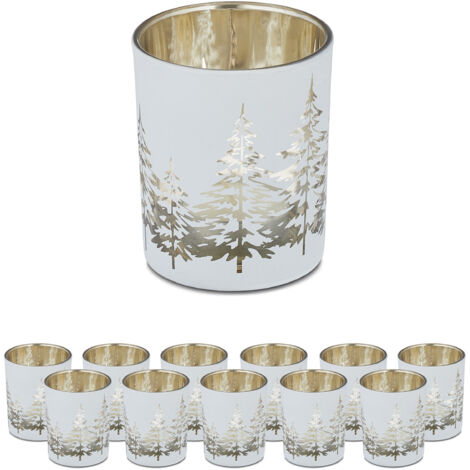 Relaxdays Verres à bougies chauffe-plat en lot de 12, avec motif sapin, photophore noël, HxD: 8,5x7 cm, blanc-or (1/5)