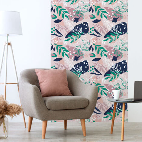 Papier peint intissé pré-encollé - TROPICAL ROSE ET BLEU MARIN - 1 rouleau de 300x60cm (1/5)