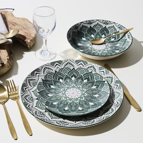 The Home Deco Factory – Service vaisselle 12 pièces en porcelaine – Motif mandala vert – Assiettes plates 27cm, dessert 19cm, creuses 20cm – Élégance bohème - 12pcs (1/5)