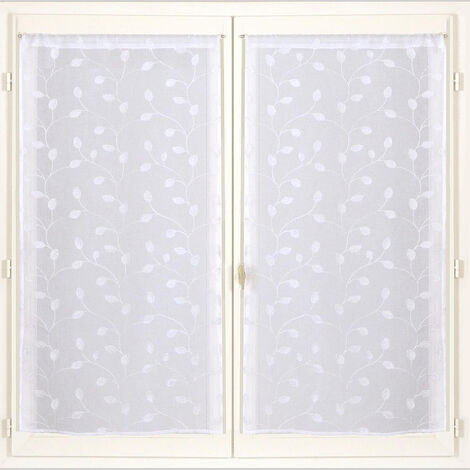 Voilages blancs brodés feuilles, 2X 60x120cm avec tunnel passe-tringle - prêts à accrocher, Atout Ciel (1/2)