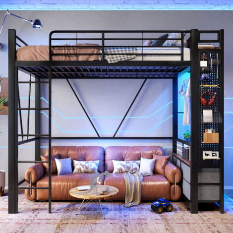 Lit mezzanine 90 x 200 cm avec 4 tiroirs, étagères, barre de suspension, panneau perforé, prise + USB Type-C, éclairage LED, structure en métal et MDF - noir (1/5)