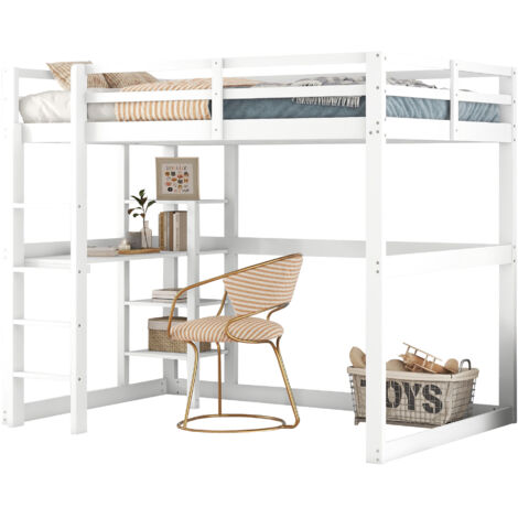 Lit Élevé 140x200cm - En Bois avec Bureau & 4 Étagères - Pour Enfant, Chambre , Blanc (1/5)