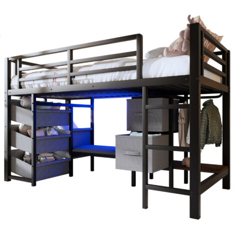Lit Mi-Haut 90x200cm - Métal avec LED, Coussins & Rangements - Pour Enfant, Chambre - Noir (1/5)