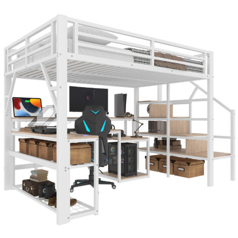 Lit Élevé 140x200cm - Métal avec LED, Bureau & Rangements - Pour Enfant, Chambre -Blanc (1/5)