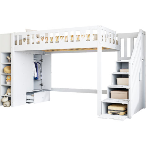 Lit Élevé 90x200cm - En Bois avec Échelle à Rangements & Étagères - Pour Enfant, Chambre - Blanc (1/5)