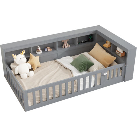 Lit de Jour 90x200cm - En Bois avec USB, Rangements & Barrière - Pour Enfant , Gris (1/5)