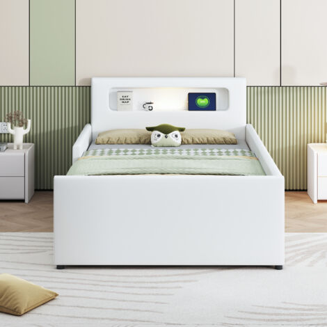Lit enfant 90x200 cm en simili cuir avec USB et lumière LED intégrée - blanc (1/5)