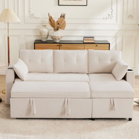 Canapé Lit 211x130cm - Multifonctionnel Convertible - Structure Bois Massif et Métal - Assise à Ressorts Ensachés - Dossier Haut 41cm - Capacité 150kg/Siège - Beige (1/5)