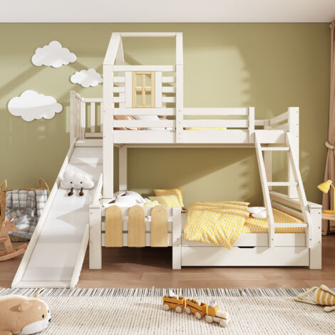 Lit superposé 90x200 avec toboggan et tiroirs - design cabane en bois avec rangement - pour enfants 6+ - blanc