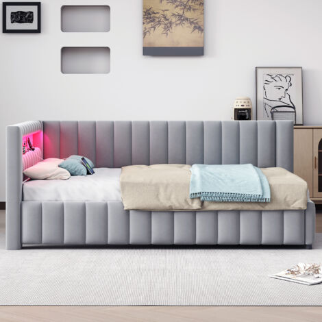Canapé-lit L-forme 140x200 cm avec LED multicolores et port USB, avec tête de lit et confortable-gris (1/5)