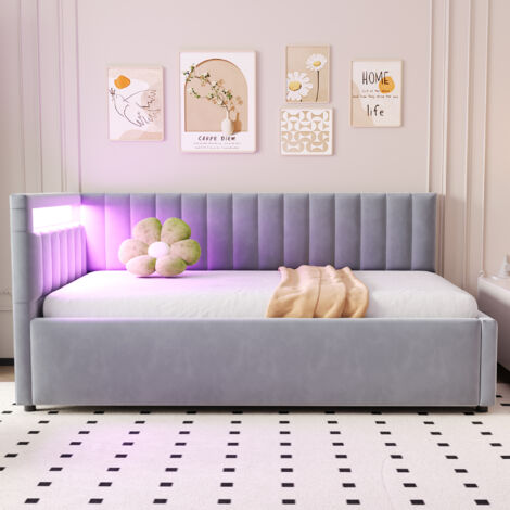 Canapé Lit 90x200cm - Avec LED RGB et Télécommande - Rangement Hydraulique Caché - Velours Doux - Structure Stable 120kg - Beige (1/5)
