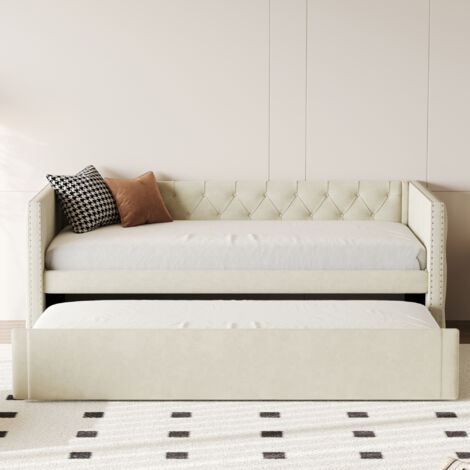 Canapé Lit 90x200cm - Convertible Multifonctionnel - Velours Doux et Résistant - Structure Métallique 300kg - Sommerlage Inclus - Beige (1/5)