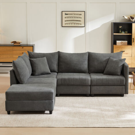 Canapé 220x194cm - Grand Confort pour 3-5 Personnes - Structure Bois Massif - Dossier Haut 44cm - Siège Profond 52cm - Pieds 6.5cm  - Gris Clair (1/5)