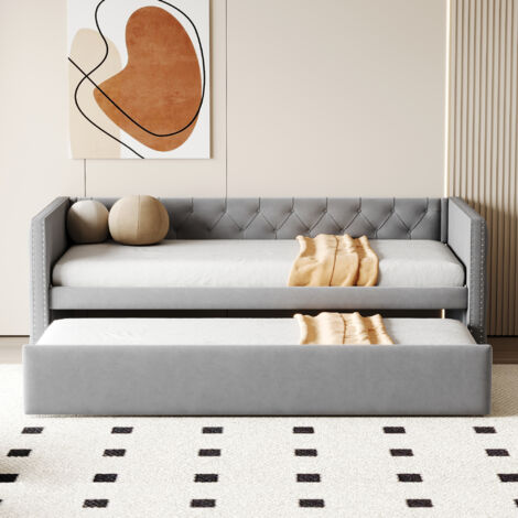 Canapé Lit Multifonctionnel 90x200cm - En Velours Doux - Structure Métallique Résistante 300kg - Sans Matelas - Accoudoirs Rembourrés-Beige (1/5)