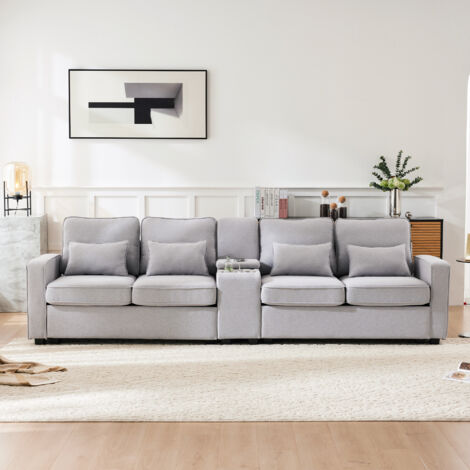 Canapé 4-5 Places 290x83cm - Avec Console Centrale - Ports USB et 2 Porte-Gobelets - 4 Coussins Lombaires Inclus - Mousse Haute Densité - Beige (1/5)