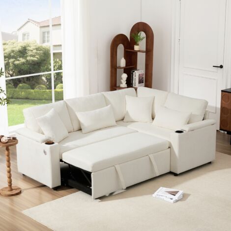Canapé Lit D'Angle L-Shape 206x141cm - Avec Chaiselongue Fixe Droite -Gobelet et USB - Assise à Ressorts Ensachés - Beige (1/5)