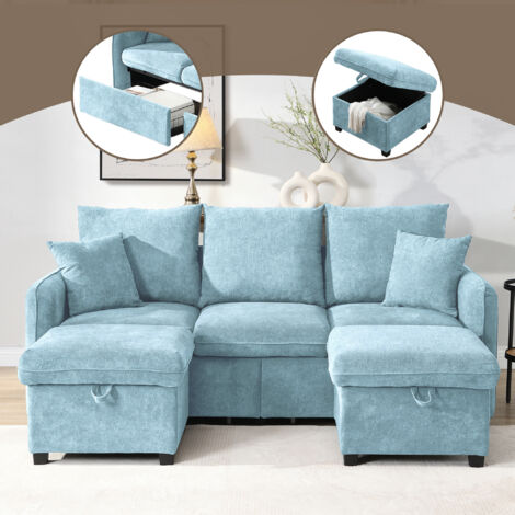 Canapé Modulaire 3 Places - Avec 2 Ottomans de Rangement - Structure Bois et Métal 500kg- 2 Coussins Inclus - Gris (1/5)