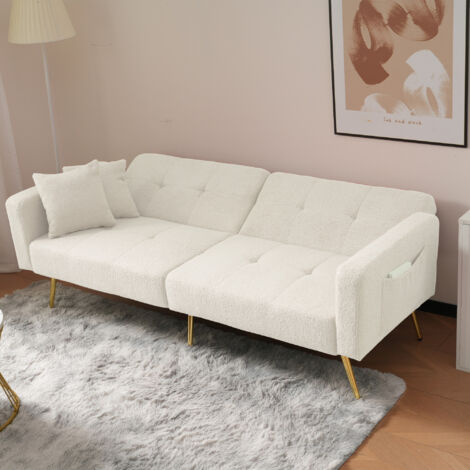 Canapé Lit 175x64cm - Tissu Sherpa Doux - Pieds Dorés - Angle Réglable 105/138/180° - Structure Bois Stable - Capacité 90kg - Blanc (1/5)