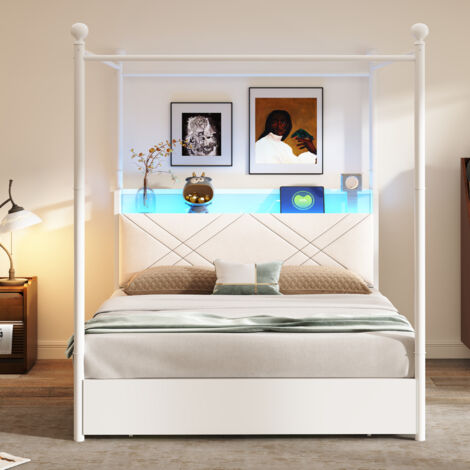 Lit 140x190cm - Multifonctionnel avec Rangement Latéral - LED Smart et Ports USB/Type-C - Tête de Lit Rembourrée - Structure Métal - Capacité 220kg - Blanc (1/5)