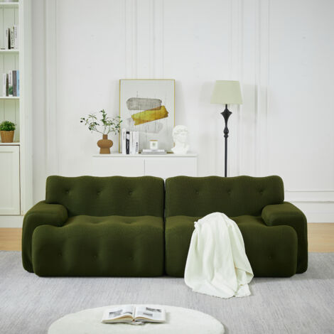 Canapé 2 places 224 cm – Design nuage – Tissu 3D maille – Accoudoirs larges – Boutons capitonnés – Sans montage – Vert