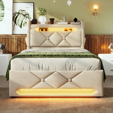 Lit Plateforme 90x200cm - Rangement Hydraulique - LED 360° et Ports USB/Type-C - Tête de Lit Rembourrée - Structure Métal - Capacité 150kg - Beige (1/5)