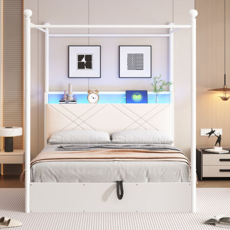 Lit 140x190cm - Multifonctionnel avec Rangement Hydraulique - LED Smart et Ports USB/Type-C - Tête de Lit Rembourrée - Structure Métal - Capacité 220kg - Noir (1/5)