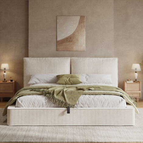 Lit Plateforme 180x200cm - Rangement Hydraulique - Tissu Corduroy - Tête de Lit Rembourrée 13cm - Hauteur 105cm - Coins Arrondis - Capacité 300kg - Beige (1/5)