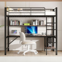 Lit Mezzanine 90x200 cm avec Gelander, Échelle, Prises USB et Adaptateur, Lumière Ambiante Télécommandée, Structure en Métal et MDF - Noir