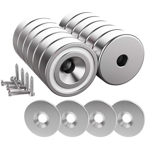 Memkey – Lot de 12 aimants en néodyme 10 kg – Dimensions 20 x 7 mm avec trou et capsule – 12 coussins en acier inclus – Installation facile