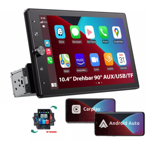 Autoradio 1 DIN Carplay Bluetooth sans fil Android Auto avec écran 10,4 pouces AUX