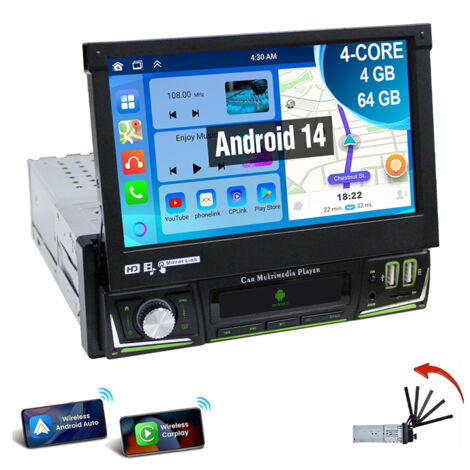 Autoradio stéréo 1 DIN avec écran rabattable de 7 pouces Android 14 Carplay GPS navigation Wi-Fi 2+64G (1/5)