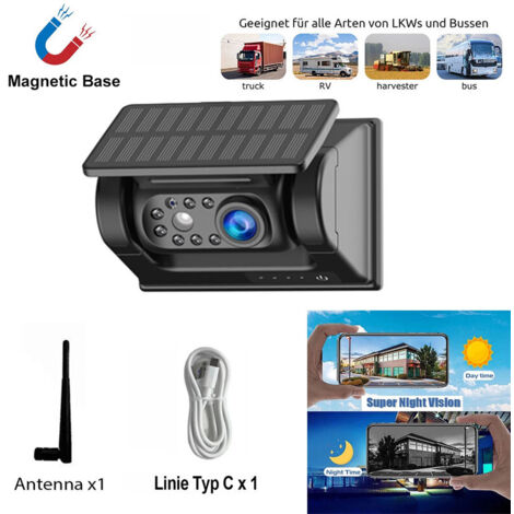 Caméra de recul magnétique solaire sans fil pour caravane bus camion batterie vision nocturne