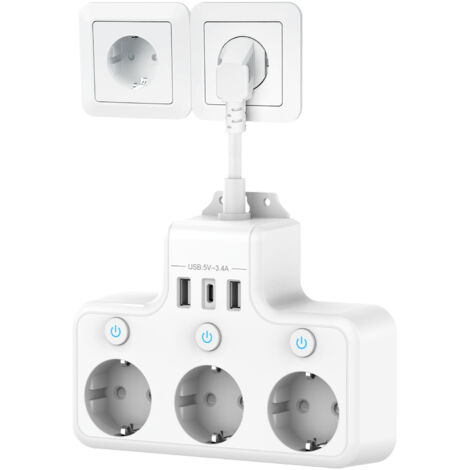Prise Multiple avec Interrupteur Individuel, Multiprise avec USB C 3 Prises et 3 USB Chargeurs, Multiprise électrique Murale Adaptateur Prise USB Multiple Câble Court 0,1M pour Cuisine,Bureau,blanc (1/5)