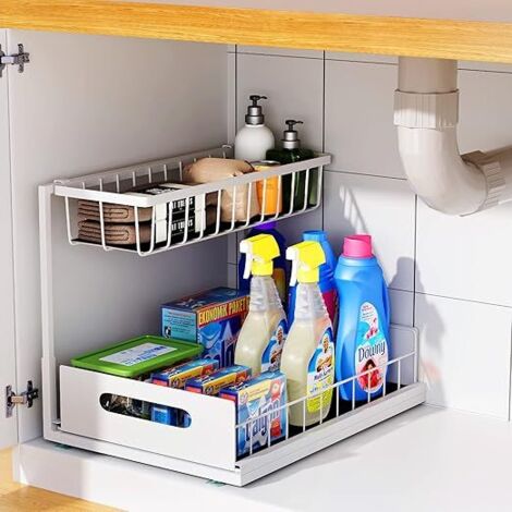 Rangement sous l'Évier, Organisateur d'Armoire Coulissante à 2 Niveaux, Multi-Usage pour le Rangement et l'Organisation sous l'Évier de la Cuisine et de la Salle de Bain (Blanc) (1/5)