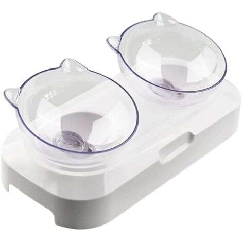 Bol surélevé pour chat et petits chiens – Plateforme inclinée 15°, hauteur réglable, double compartiment – Lot de 2 bols ergonomiques (1/3)