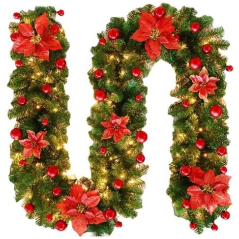 Guirlande lumineuse de 270 cm pour sapin de Noël, guirlande décorative en vigne avec LED pour porte, cheminée, escalier, décoration de fête (rouge) (1/5)