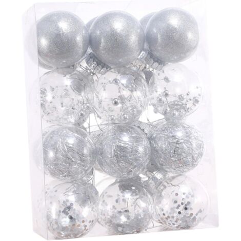 24 boules de Noël 6 cm en plastique Décorations pour sapin de Noël Boules de Noël à paillettes Décorations de Noël (argent) (1/5)