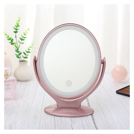 Miroir Grossissant Double Face Miroir Maquillage avec Lumières LED, Rotation à 360°, écran Tactile Dimmable sur 3 Niveaux, Rechargeable par USB, Miroir de Voyage Lumineux ，Rose (1/5)