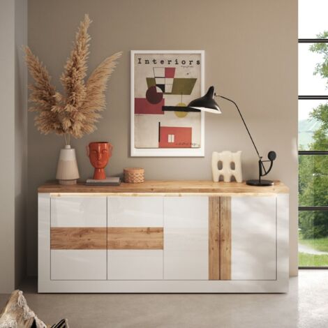 Buffet moderne 4 portes laqué blanc et bois 210cm ARIA (1/5)