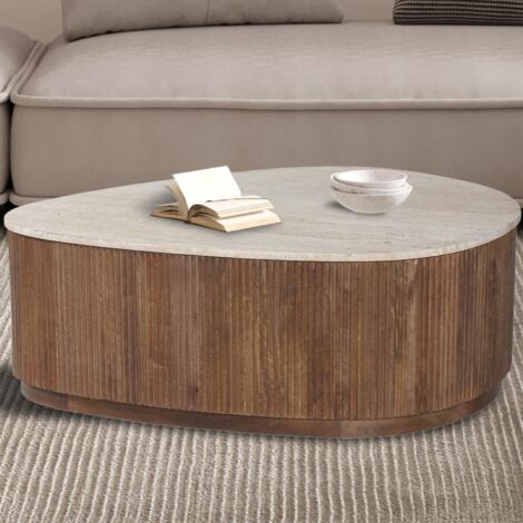 Table basse en bois massif et plateau en travertin NALO (1/5)