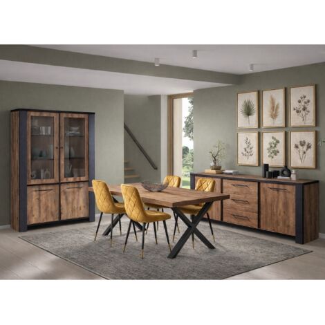 Salle à manger complète industrielle 6 places – Buffet bas en bois avec 2 portes et 3 tiroirs – Vitrine avec 2 portes vitrées – Table 200cm avec pied en X