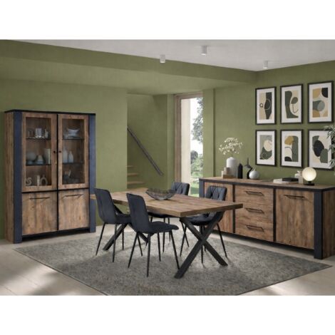 Salle à manger complète bois noir 6-8 places – Buffet 230cm avec 2 portes et 3 tiroirs – Table 200cm avec pied X