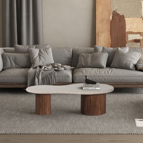 Table basse en bois de manguier avec plateau en travertin MELVINE (1/5)
