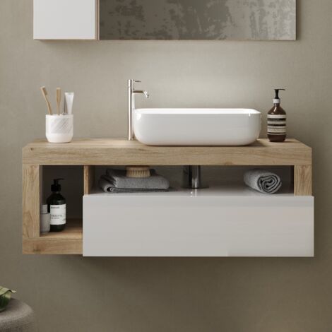 Meuble suspendu salle de bain couleur chêne et blanc L 110cm GAMA (1/5)