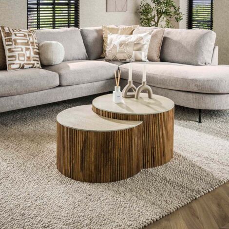 Table basse en bois et céramique aspect travertin VONO (1/4)
