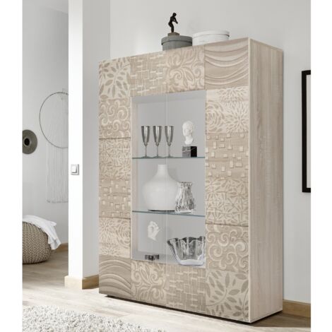Vitrine moderne coloris chêne clair 2 portes vitrées SARA