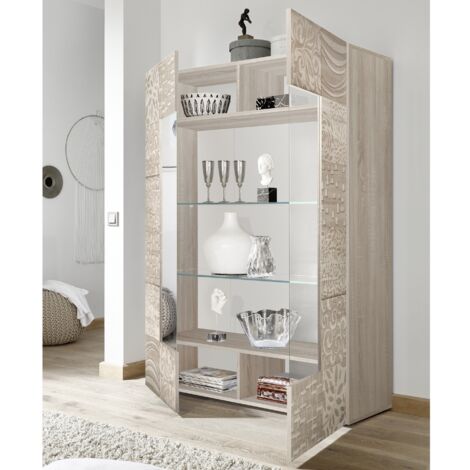 Vitrine moderne coloris chêne clair 2 portes vitrées SARA