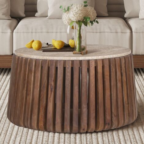 Table basse ronde en bois et plateau en travertin LOIC (1/5)